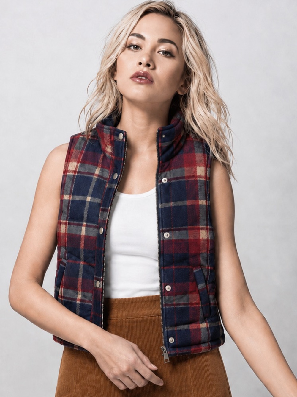 Vanilla Bay Plaid Puffer Vest Small Multi Color Quilted Size S